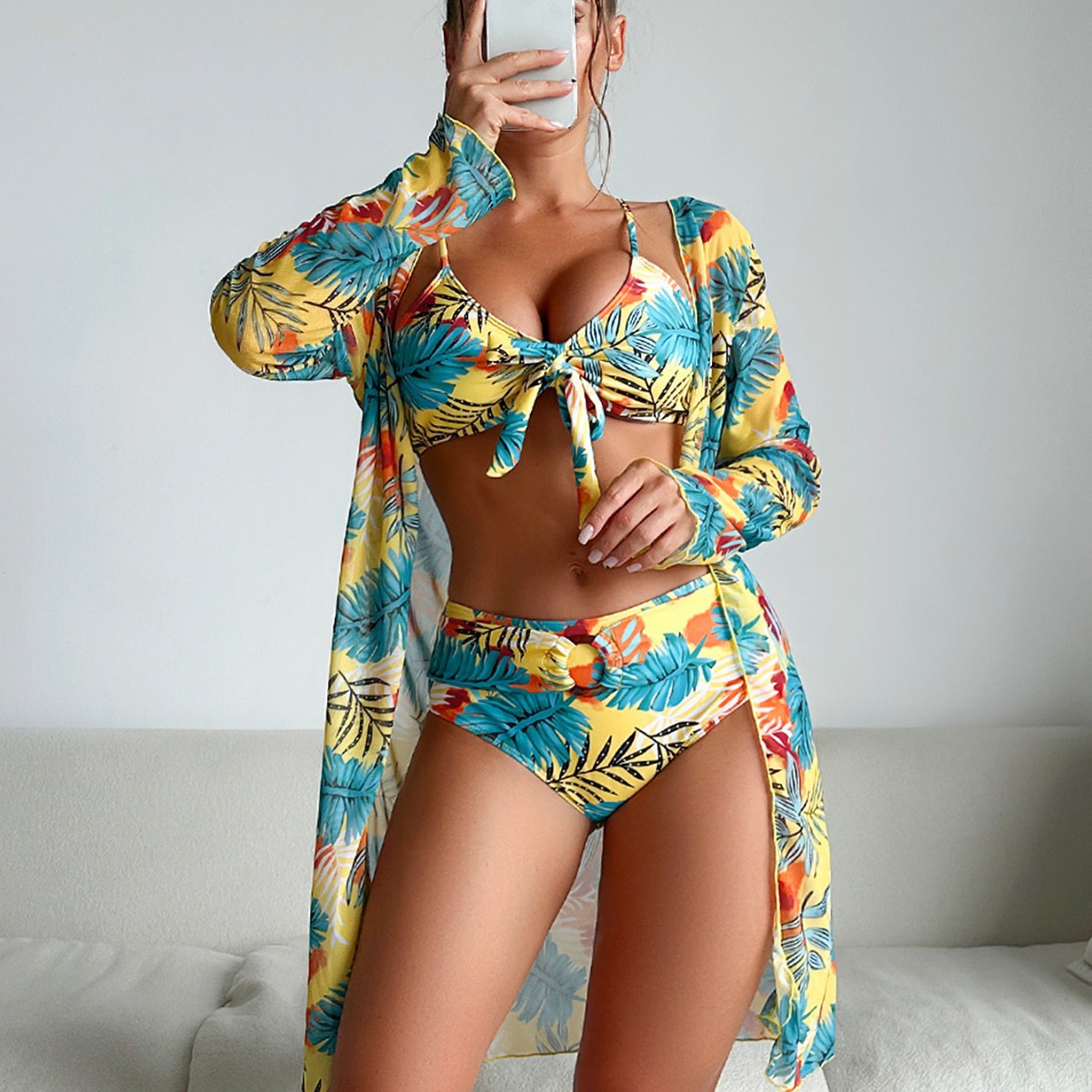 Kimono Sheer Floral - بدلة سباحة نسائية من 3 قطع
