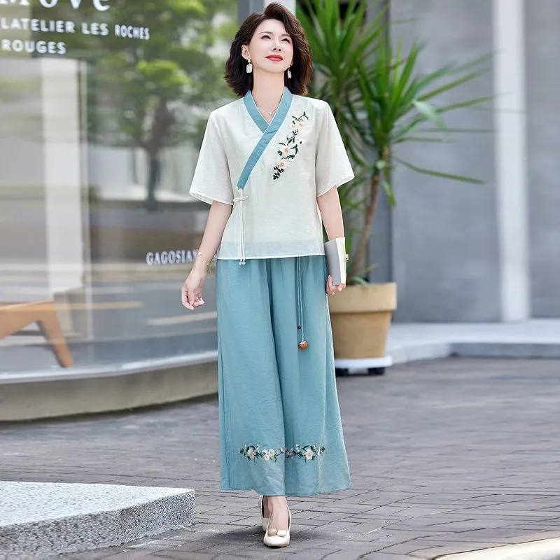 Linen Pant Wide - طقم نسائي صيفي جديد من قطعتين