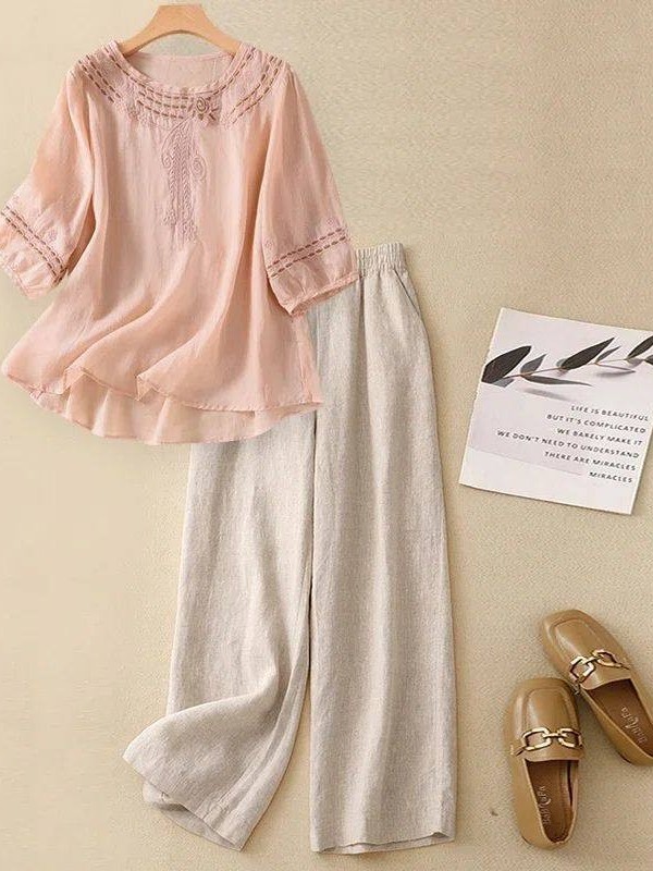 طقم قطن وكتان فاخر للنساء، قمي - مراجعة Linen Pant Wide وسعره