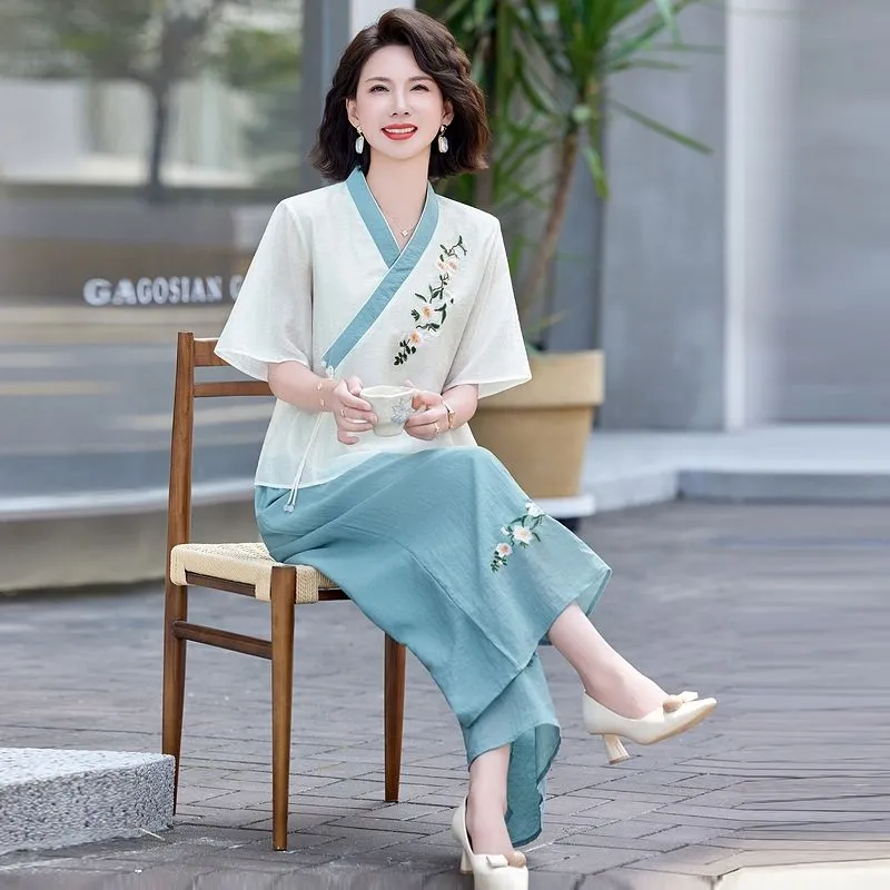 طقم نسائي صيفي جديد من قطعتين  - مراجعة Linen Pant Wide وسعره